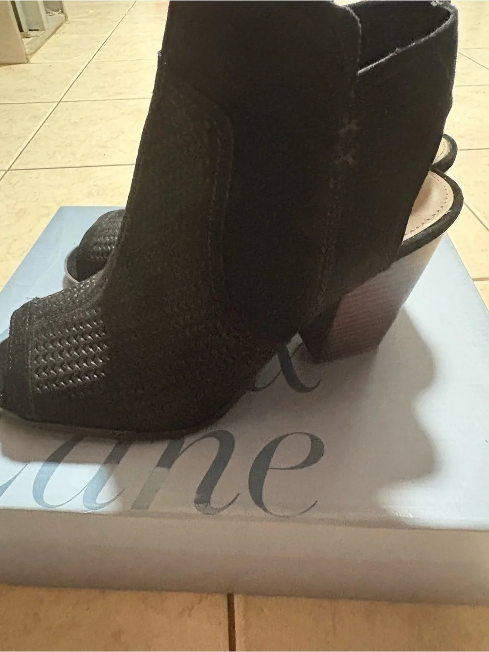 Essex Lane Black Suede Perforated Peep-Toe Block Heel Booties
